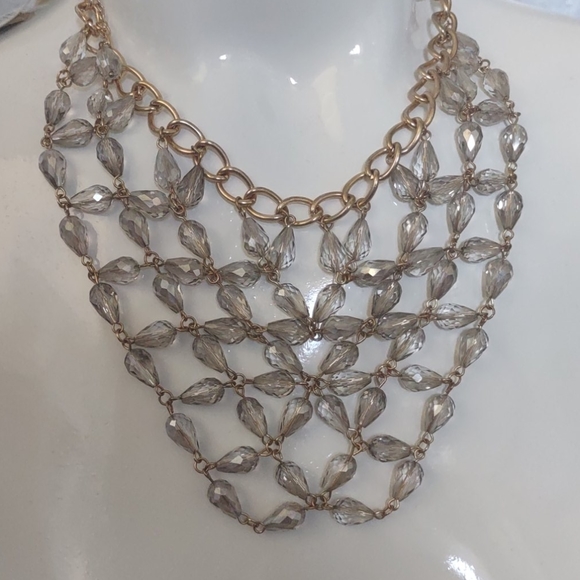 Clear Beaded Crystal Rhinestone BLING Bib Necklace Gold M HASKELL STATEMENT New - Picture 1 of 9